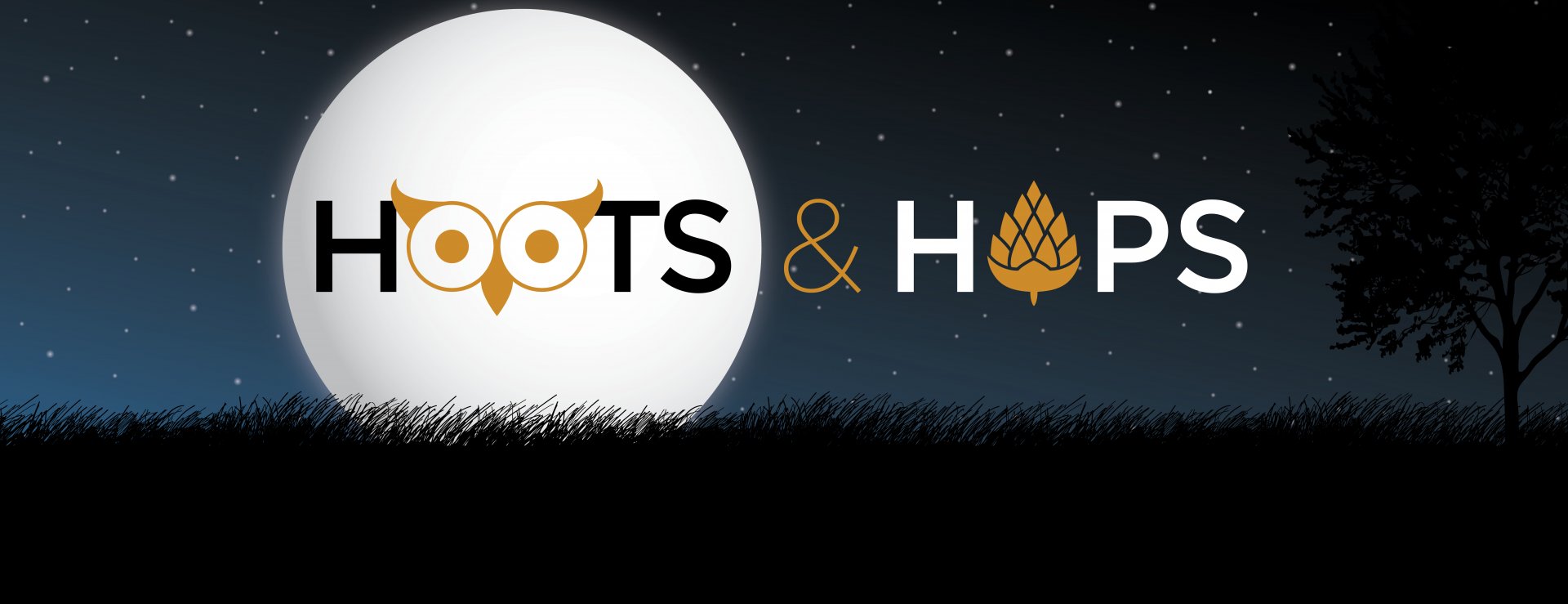 Hoots & Hops, in front of a full moon and forest scene.